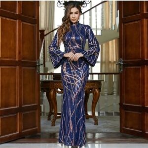 Blue mock neck long sleeve, trumpet Mermaid Maxi Gown